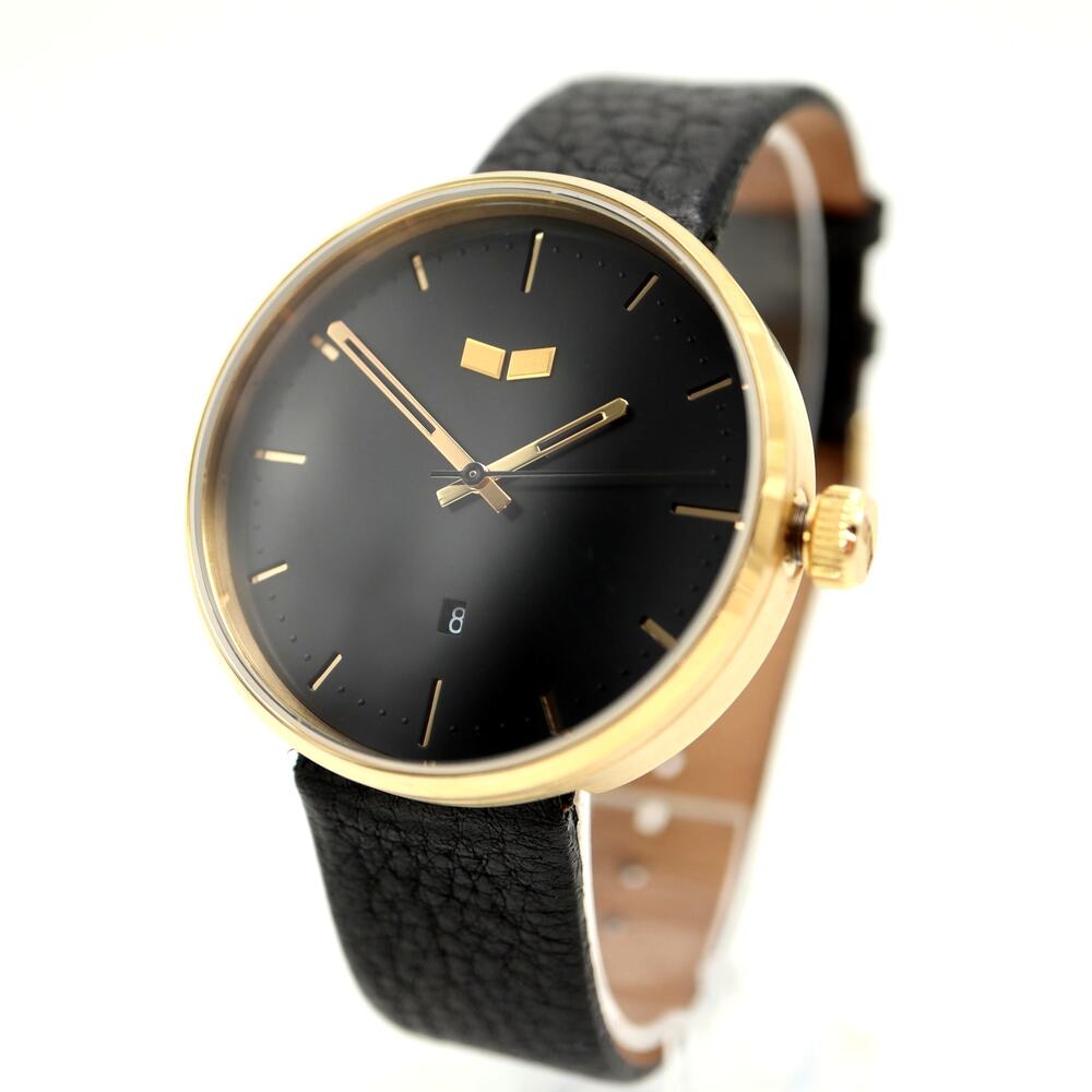 Vestal Roosevelt Mens Gold Tone 42mm Date Watch Black Leather w New Battery
